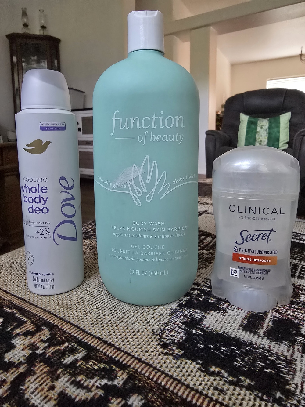 Function of Beauty Mint Green Body Wash. Dove Body Spray. Clinical Secret Deo